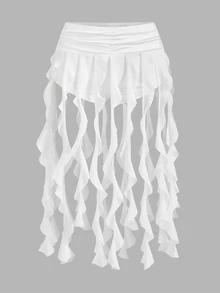 SHEIN ICON Women's Outgoing Asymmetric Ruffle High Slit Mesh Overlay Skirt, Black - White - View 3