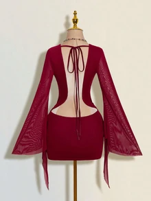 SHEIN ICON Sexy Oversized Plunging Neckline Mesh Patchwork Backless Mini Dress - Burgundy - View 2