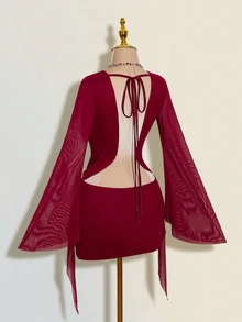 SHEIN ICON Sexy Oversized Plunging Neckline Mesh Patchwork Backless Mini Dress - Burgundy - View 8