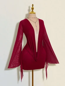 SHEIN ICON Sexy Oversized Plunging Neckline Mesh Patchwork Backless Mini Dress - Burgundy - View 5