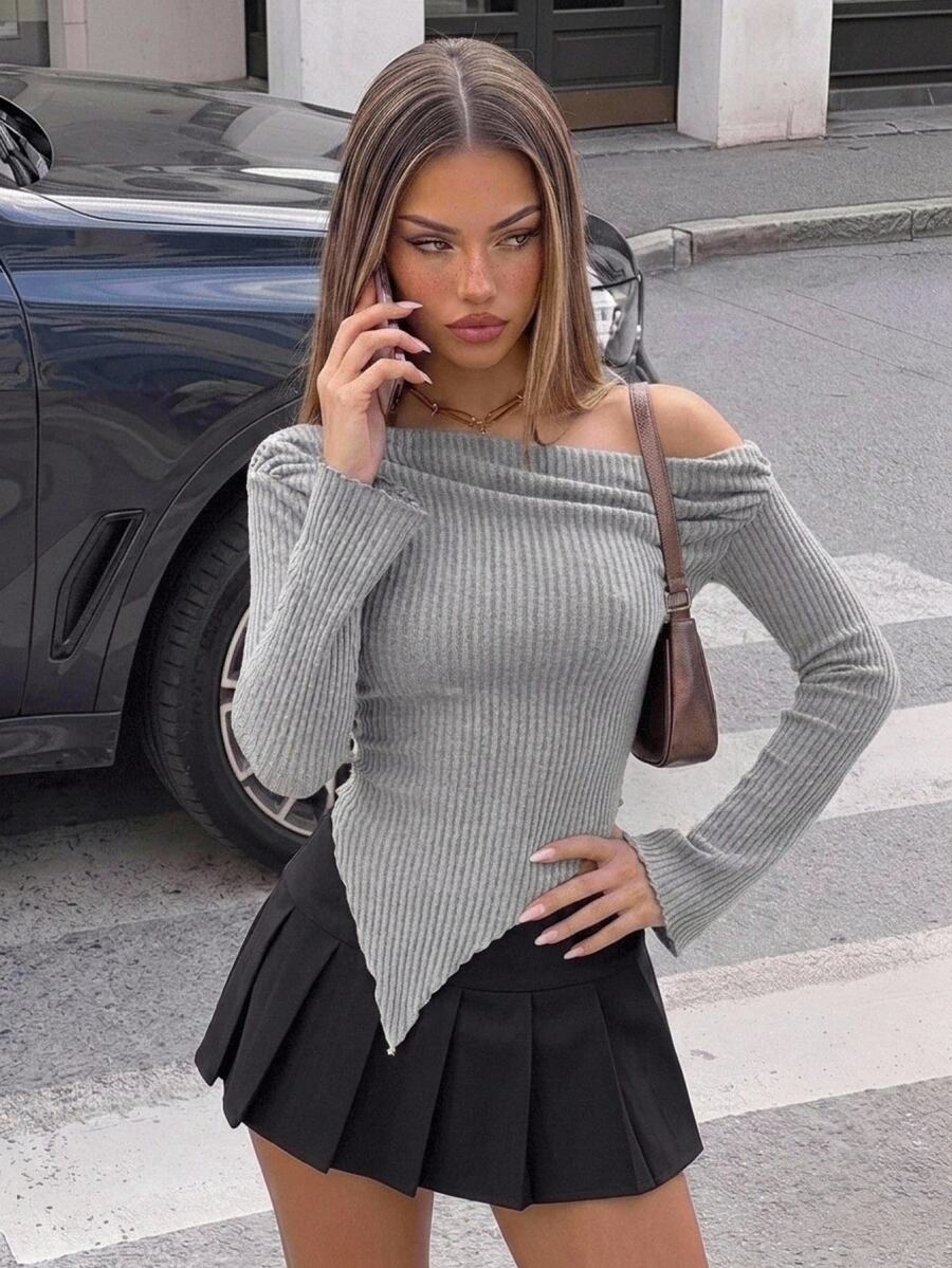 SHEIN ICON Y2K Grunge Off Shoulder Asymmetrical Hem Tee - Light Grey - View 1