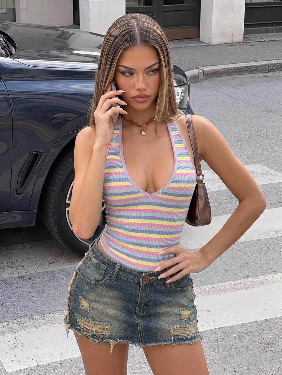 SHEIN ICON Sexy Deep V-Neck Rainbow Striped Tight Camisole,Summer Top - Multicolor - View 1
