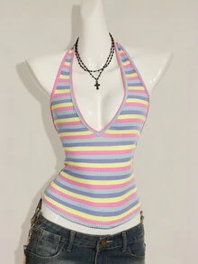 SHEIN ICON Sexy Deep V-Neck Rainbow Striped Tight Camisole,Summer Top - Multicolor - View 4