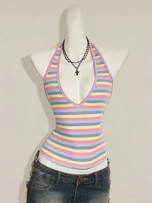 SHEIN ICON Sexy Deep V-Neck Rainbow Striped Tight Camisole,Summer Top - Multicolor - View 11