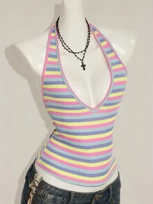 SHEIN ICON Sexy Deep V-Neck Rainbow Striped Tight Camisole,Summer Top - Multicolor - View 8