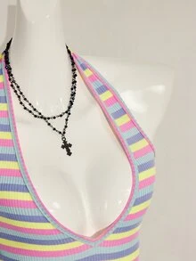 SHEIN ICON Sexy Deep V-Neck Rainbow Striped Tight Camisole,Summer Top - Multicolor - View 9