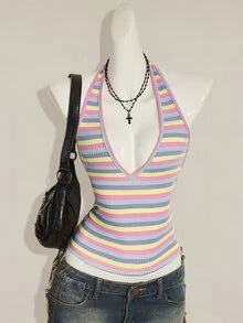 SHEIN ICON Sexy Deep V-Neck Rainbow Striped Tight Camisole,Summer Top - Multicolor - View 3