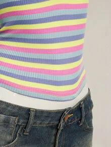 SHEIN ICON Sexy Deep V-Neck Rainbow Striped Tight Camisole,Summer Top - Multicolor - View 10