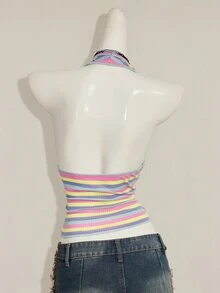 SHEIN ICON Sexy Deep V-Neck Rainbow Striped Tight Camisole,Summer Top - Multicolor - View 2