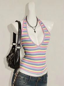 SHEIN ICON Sexy Deep V-Neck Rainbow Striped Tight Camisole,Summer Top - Multicolor - View 6