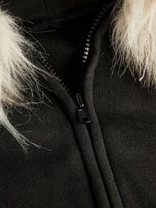 SHEIN ICON 女式休闲复古修身毛领连帽常规夹克 - 黑色 - 查看 8