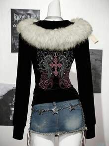 SHEIN ICON 女式休闲复古修身毛领连帽常规夹克 - 黑色 - 查看 2