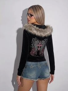 SHEIN ICON 女式休闲复古修身毛领连帽常规夹克 - 黑色 - 查看 1