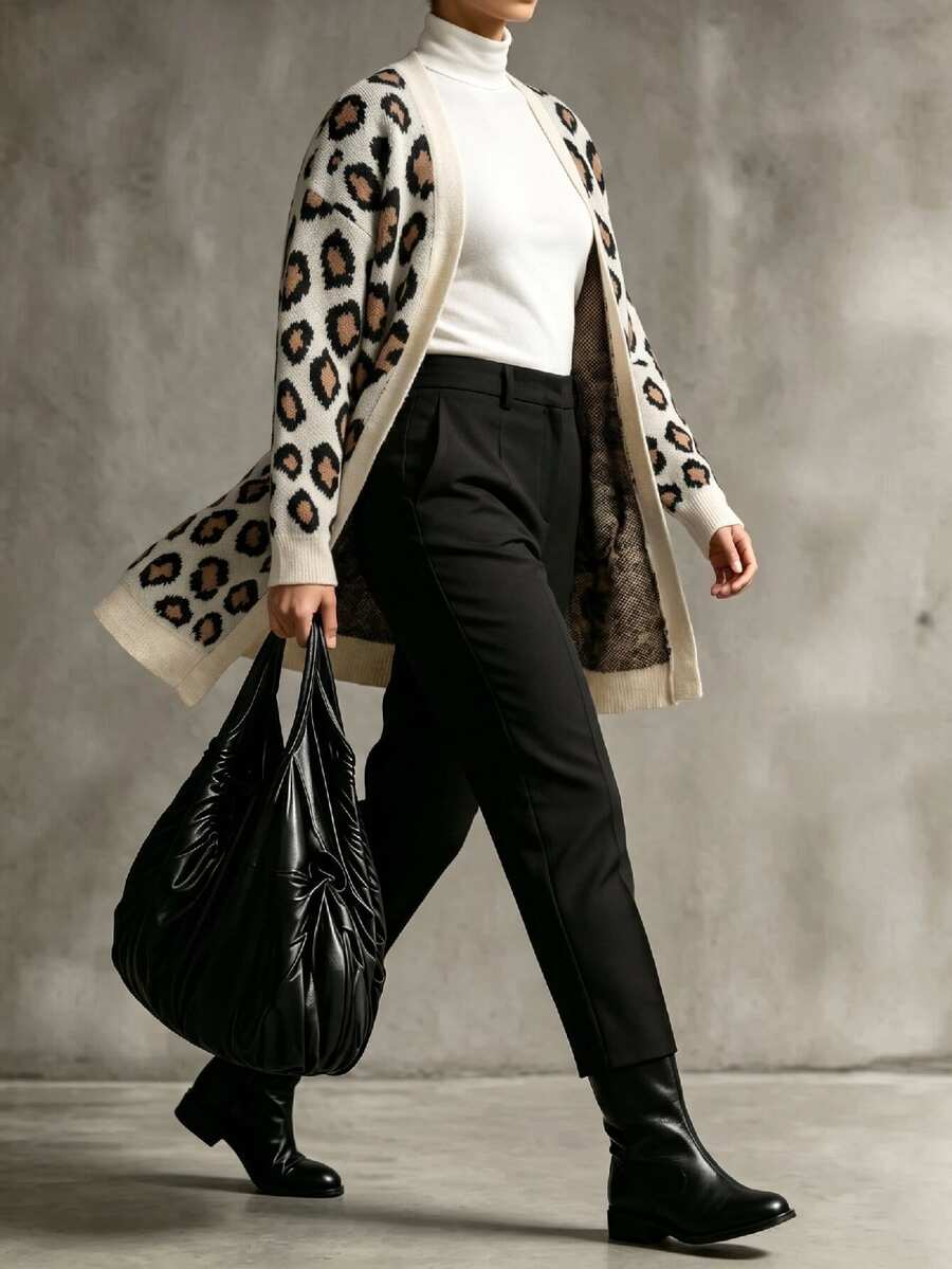 Linhara CURVE Plus Size Women's Autumn/Winter Apricot Leopard Print Cardigan Long Sleeve Sweater, Versatile Style For Daily Wear And Outings - Apricot - View 1