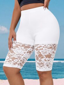 SHEIN LUNE CURVE Plus Size Women's Lace Patchwork Casual Versatile Daily Outing Tight Fit Base Shorts - White - View 1