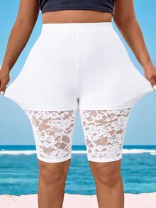 SHEIN LUNE CURVE Plus Size Women's Lace Patchwork Casual Versatile Daily Outing Tight Fit Base Shorts - White - View 3