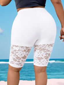 SHEIN LUNE CURVE Plus Size Women's Lace Patchwork Casual Versatile Daily Outing Tight Fit Base Shorts - White - View 2