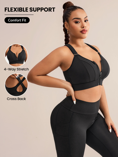 Rhythm Era Plus Size High-Support Sports BH med justerbara kardborreband, dragkedja fram, med insydda kuddar, ej avtagbara kuddar för kvinnor High Support Racerback, Träning, Yoga, Löpning