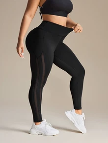 Rhythm Era Plus Size Women Stretchy Breathable Mesh Contrast Pocket Yoga Leggings Gym Black Summer - Black - View 5
