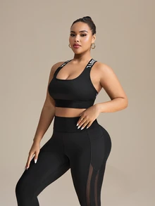 Rhythm Era Plus Size Women Stretchy Breathable Mesh Contrast Pocket Yoga Leggings Gym Black Summer - Black - View 8