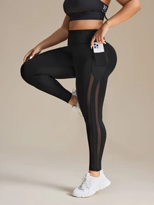 Rhythm Era Plus Size Women Stretchy Breathable Mesh Contrast Pocket Yoga Leggings Gym Black Summer - Black - View 3