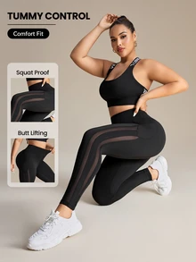 Rhythm Era Plus Size Women Stretchy Breathable Mesh Contrast Pocket Yoga Leggings Gym Black Summer - Black - View 1