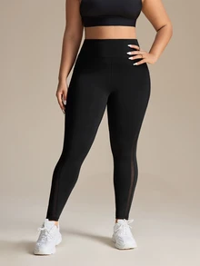 Rhythm Era Plus Size Women Stretchy Breathable Mesh Contrast Pocket Yoga Leggings Gym Black Summer - Black - View 7