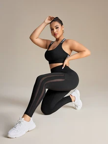 Rhythm Era Plus Size Women Stretchy Breathable Mesh Contrast Pocket Yoga Leggings Gym Black Summer - Black - View 6