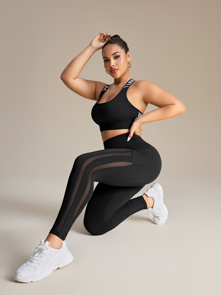 Rhythm Era Plus Size Women Stretchy Breathable Mesh Contrast Pocket Yoga Leggings Gym Black Summer - Black - View 6