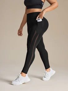 Rhythm Era Plus Size Women Stretchy Breathable Mesh Contrast Pocket Yoga Leggings Gym Black Summer - Black - View 4