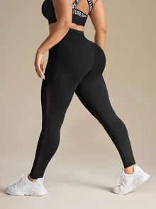 Rhythm Era Plus Size Women Stretchy Breathable Mesh Contrast Pocket Yoga Leggings Gym Black Summer - Black - View 2