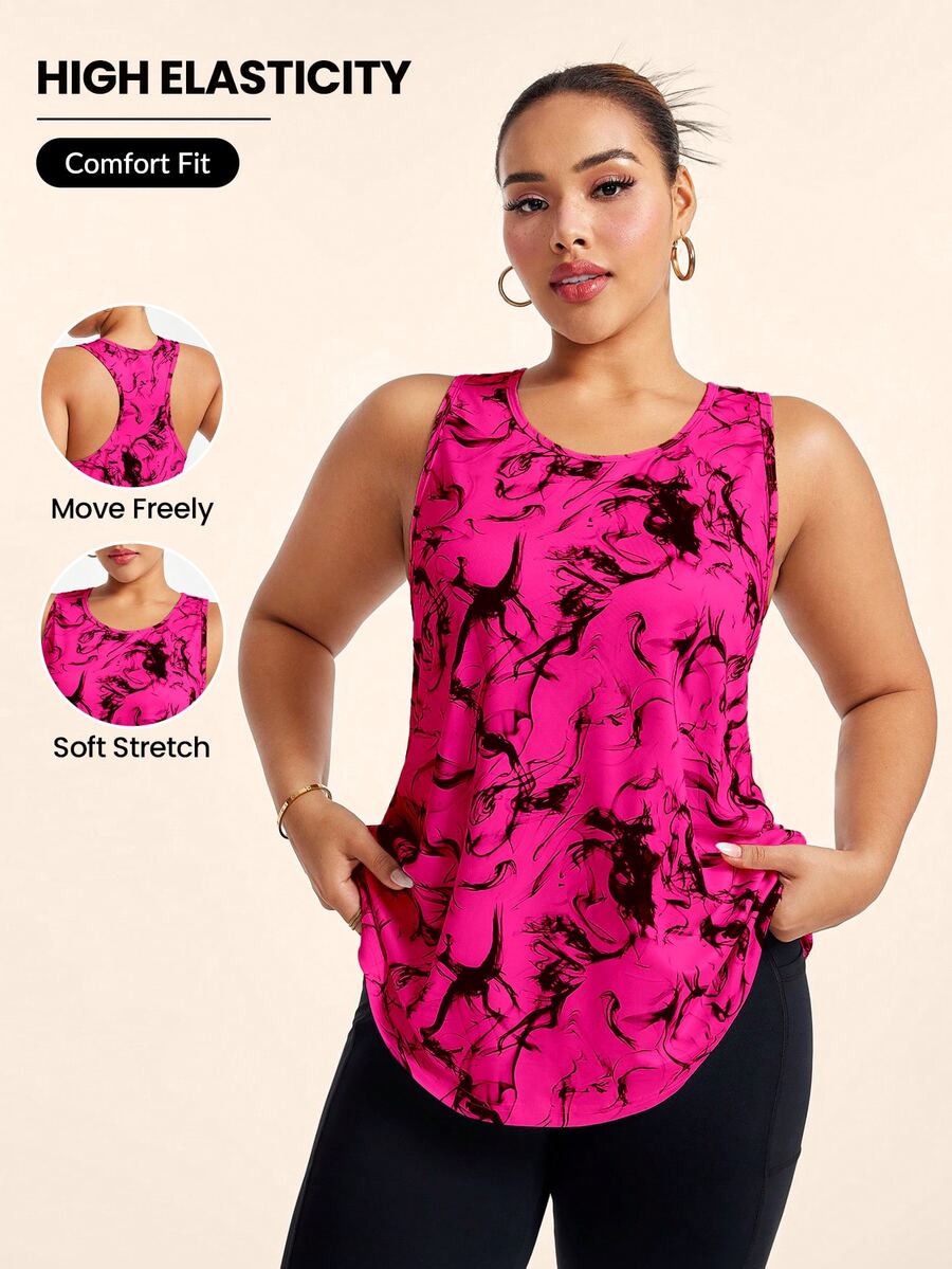 SHEIN Rhythm Era كامسول رياضي صيفي بطبعات متراصة، بياقة مستديرة وذيل غير متماثل - الأحمر - مشاهدة 1
