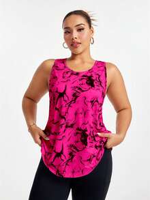 SHEIN Rhythm Era كامسول رياضي صيفي بطبعات متراصة، بياقة مستديرة وذيل غير متماثل - الأحمر - مشاهدة 7