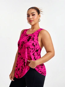 SHEIN Rhythm Era كامسول رياضي صيفي بطبعات متراصة، بياقة مستديرة وذيل غير متماثل - الأحمر - مشاهدة 3