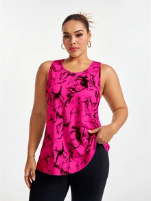 SHEIN Rhythm Era كامسول رياضي صيفي بطبعات متراصة، بياقة مستديرة وذيل غير متماثل - الأحمر - مشاهدة 4