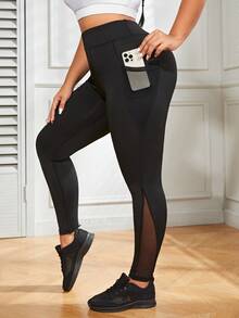 SHEIN Rhythm Era Plus Contrast Mesh Phone Pocket Side Sports Leggings Yoga Women Pants - Black - View 6