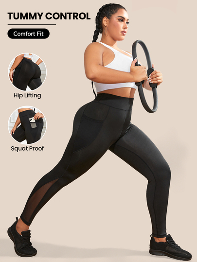 SHEIN Rhythm Era سروال رياضي للنساء مع جيب هاتف جانبي من الشبك المتباين
