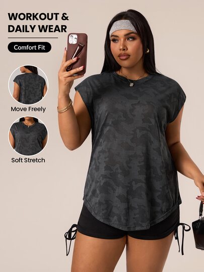 Rhythm Era Plus Size Women Camouflage Print Round Neck Casual Fitness Sports T-Shirt