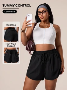 Rhythm Era Plus Size Women's Summer Minimalist Solid Color Drawstring Waist Slant Pocket Loose Athletic Shorts - Black - View 1
