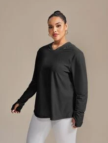 SHEIN Rhythm Era 大码拇指孔设计提花三角形图案长袖瑜伽运动衫 - 黑色 - 查看 3