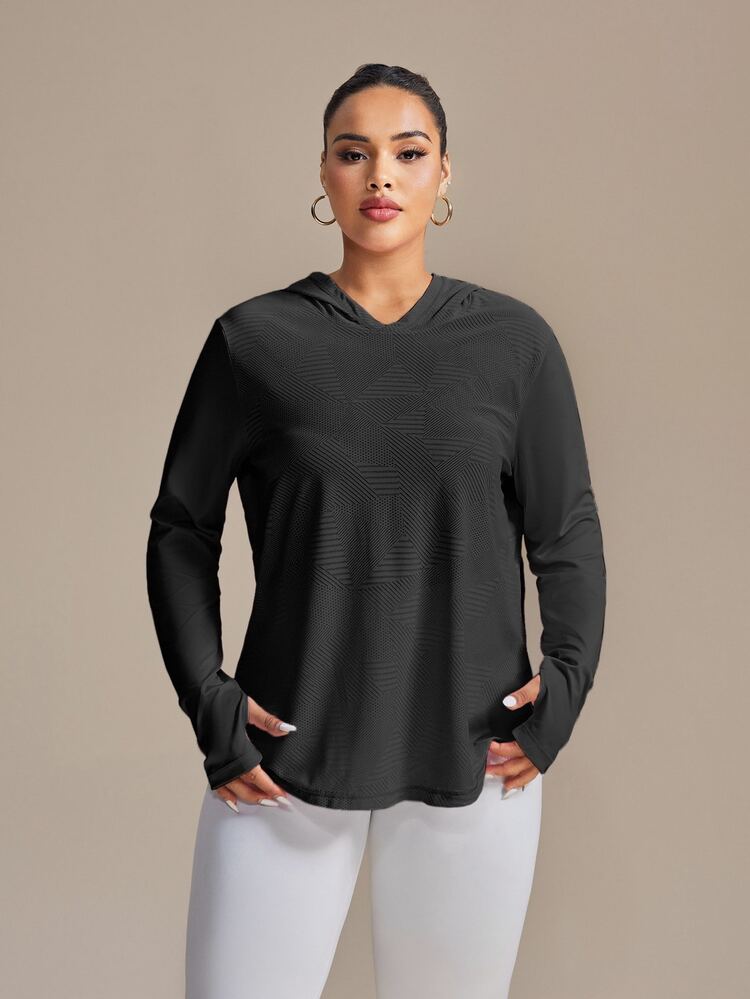 SHEIN Rhythm Era Plus Size Thumb Hole Design Jacquard Triangle Pattern Long Sleeve Yoga Sweatshirt Fall - Black - View 4