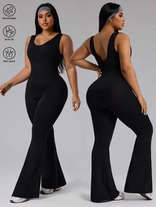 Rhythm Era Women's Solid Color Round Neck Casual Sleeveless Flared Sports Jumpsuit - Black - View 7