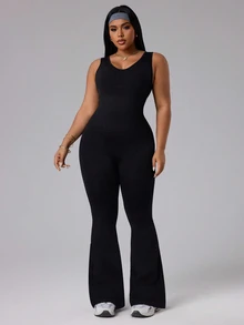 Rhythm Era Women's Solid Color Round Neck Casual Sleeveless Flared Sports Jumpsuit - Black - View 6
