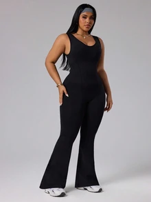 Rhythm Era Women's Solid Color Round Neck Casual Sleeveless Flared Sports Jumpsuit - Black - View 5