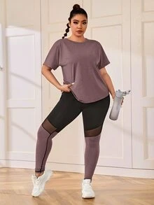 Rhythm Era بلوزة رياضية مطبوعة وبنطال رياضي مع جيب للهاتف وشبكات إدراج للحجم الكبير، طقم نسائي للتمارين الرياضية - ارجواني فاتح - مشاهدة 5