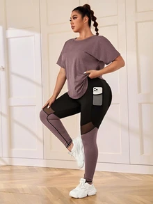 Rhythm Era بلوزة رياضية مطبوعة وبنطال رياضي مع جيب للهاتف وشبكات إدراج للحجم الكبير، طقم نسائي للتمارين الرياضية - ارجواني فاتح - مشاهدة 3