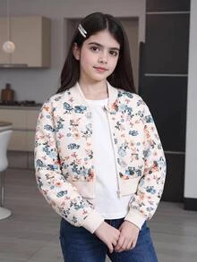 SHEIN Sparklyn 青少年女孩開學季休閒花卉數位印花飛行夾克 羅紋袖口 春秋款 - 杏色 - 查看 2