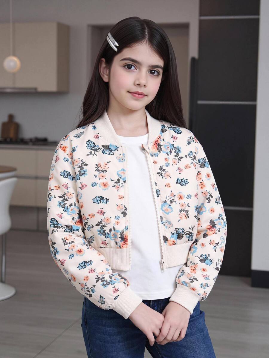 SHEIN Sparklyn 青少年女孩開學季休閒花卉數位印花飛行夾克 羅紋袖口 春秋款
