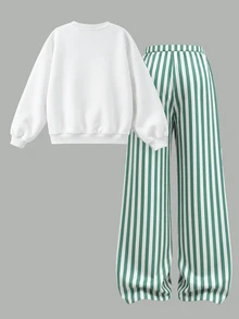 SHEIN Kids Girls Floral Print Crew Neck Loose Sweatshirt & Striped Wide Leg Sweatpants Casual Sweatshirt Set - Green - View 3