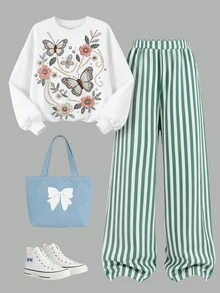 SHEIN Kids Girls Floral Print Crew Neck Loose Sweatshirt & Striped Wide Leg Sweatpants Casual Sweatshirt Set - Green - View 1